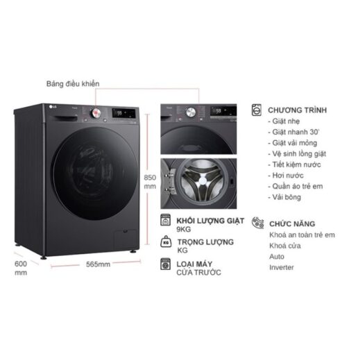 Máy Giặt LG Inverter 9 Kg FV1409S4M cửa trước 9 Kích thước máy Giặt LG Inverter 9 Kg FV1409S4M cửa trước