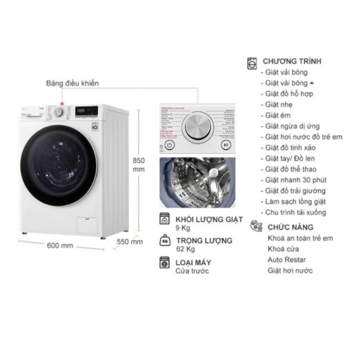 Máy Giặt LG Inverter AI DD 9 Kg FV1409S4W cửa trước 9 kich thuoc may giat lg inverter ai dd 9 kg fv1409s4w cua truoc