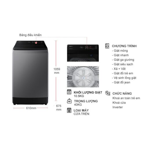 Máy giặt Samsung Inverter 10.5 kg WA10CG5745BDSV cửa trên 9 Kích thước máy giặt Samsung Inverter 10.5 kg WA10CG5745BDSV cửa trên