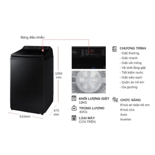 Máy Giặt Samsung Inverter 12 kg WA12CG5745BVSV cửa trên 9 Kích thước máy Giặt Samsung Inverter 12 kg WA12CG5745BVSV cửa trên