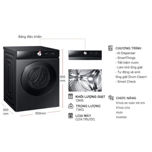 Máy Giặt Samsung Inverter 12 Kg WW12CB944DGBSV cửa trước 11 Kích thước máy Giặt Samsung Inverter 12 Kg WW12CB944DGBSV cửa trước
