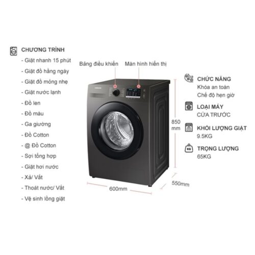 Máy Giặt Samsung Inverter 9.5 Kg WW95TA046AX/SV cửa trước 9 Kích thước máy Giặt Samsung Inverter 9.5 Kg WW95TA046AX / SV cửa trước