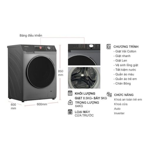 Máy Giặt Sấy Hitachi Inverter Giặt 8.5 Kg - Sấy 5 Kg BD-D852HVOS cửa trước 7 Kích thước máy Giặt Sấy Hitachi Inverter Giặt 8.5 Kg - Sấy 5 Kg BD-D852HVOS cửa trước
