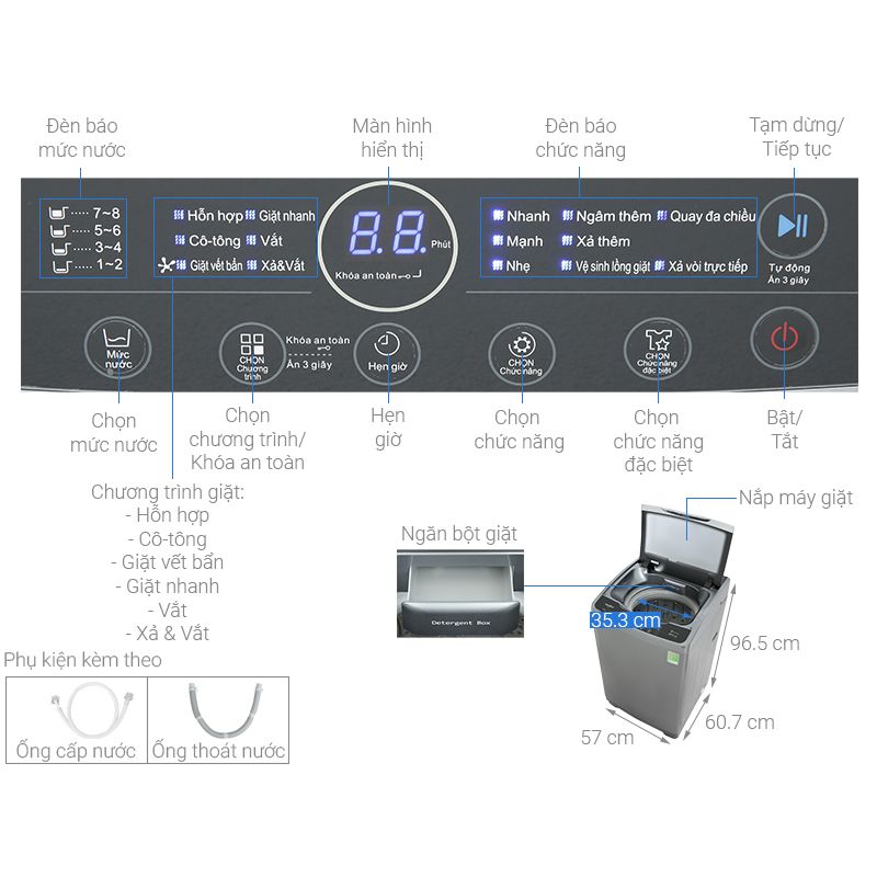 Máy Giặt Whirlpool Inverter 10.5 Kg VWVD10502FG cửa trên 6 Kích thước máy Giặt Whirlpool Inverter 10.5 Kg VWVD10502FG cửa trên