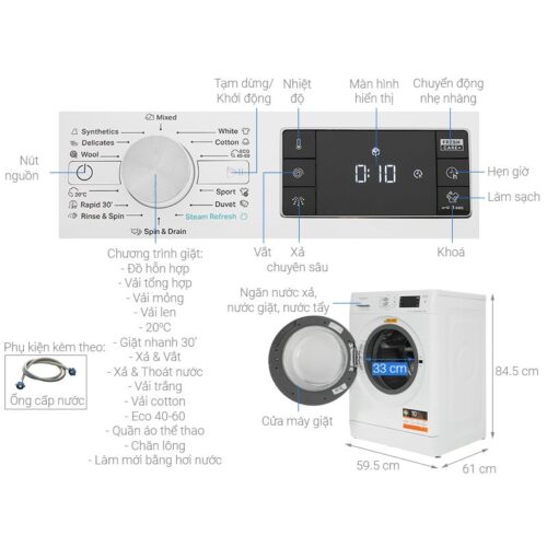 Máy Giặt Whirlpool Inverter 9 Kg FFB9458WVEE cửa trước 9 Kích thước máy Giặt Whirlpool Inverter 9 Kg FFB9458WVEE cửa trước