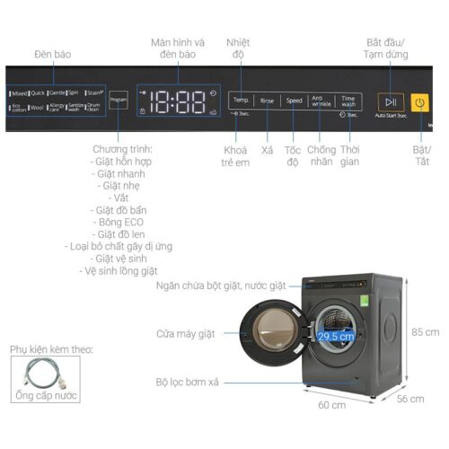Máy Giặt Whirlpool Inverter 9 Kg FWEB9002FG cửa trước 9 Kích thước máy Giặt Whirlpool Inverter 9 Kg FWEB9002FG cửa trước