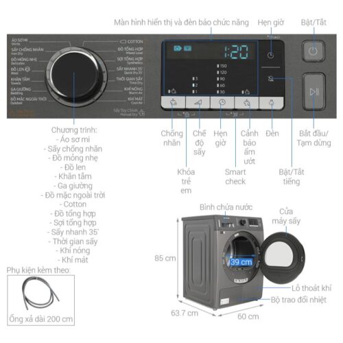 Máy Sấy Bơm Nhiệt Samsung 9 Kg DV90TA240AX/SV 7 Kích thước máy Sấy Bơm Nhiệt Samsung 9 Kg DV90TA240AX/SV