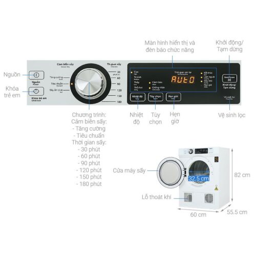 Máy Sấy Thông Hơi Aqua 7 Kg AQH-V700F 7 Kích thước máy Sấy Thông Hơi Aqua 7 Kg AQH-V700F