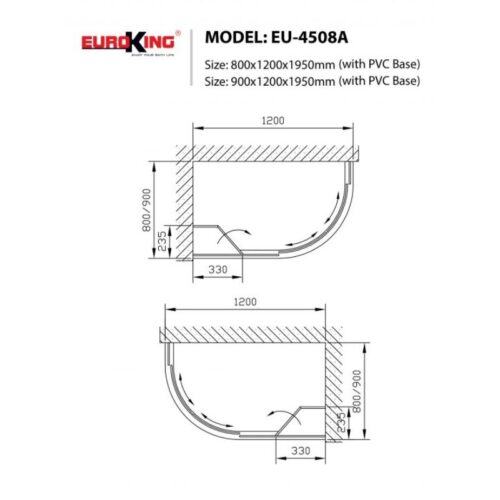 Kích thước phòng tắm vách kính Euroking EU-4508A 900mm