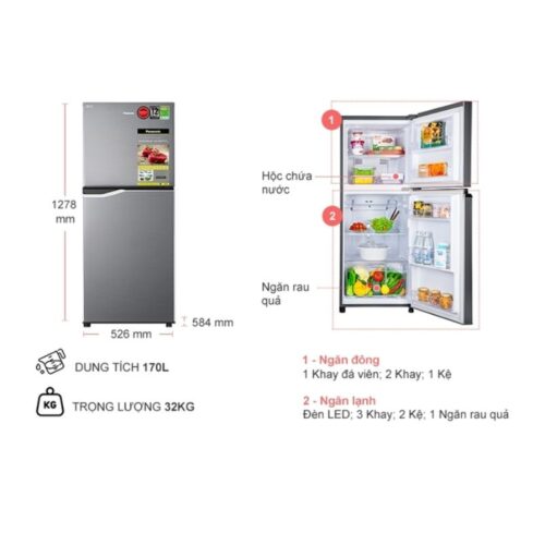 Tủ Lạnh 2 cánh Inverter 170 Lít Panasonic NR-BA190PPVN 9 Kích thước tủ Lạnh 2 cánh Inverter 170 Lít Panasonic NR-BA190PPVN