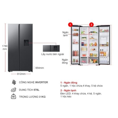 Tủ Lạnh 2 cánh side by side Inverter 578 Lít Samsung RS57DG410EB4SV 11 Kích thước tủ Lạnh 2 cánh side by side Inverter 578 Lít Samsung RS57DG410EB4SV