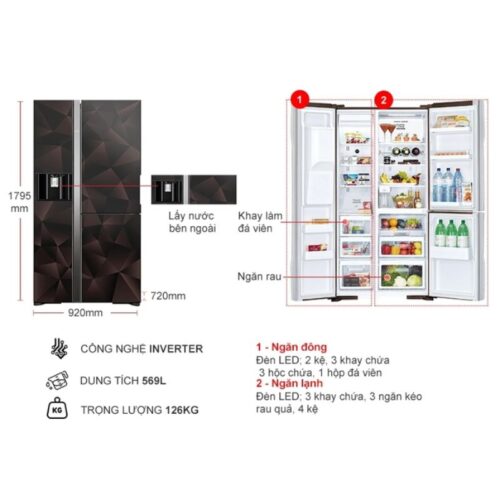 Kích thước tủ Lạnh 3 cánh side by side Inverter 569 Lít Hitachi R-FM800XAGGV9X GBZ
