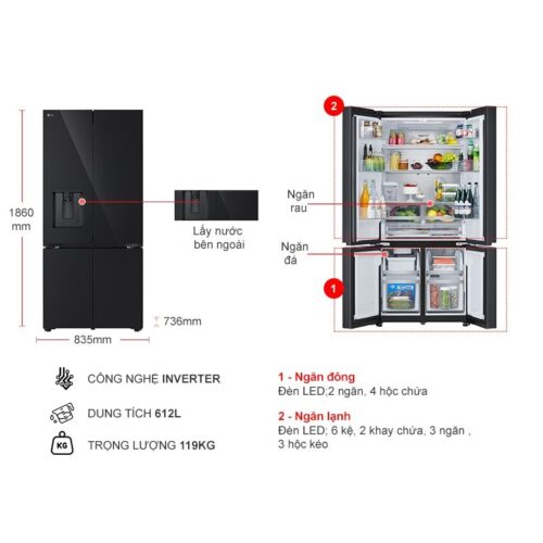 Tủ Lạnh 4 cánh Multi Door Inverter 612 Lít LG LFD61BLGAI 9 Kích thước tủ Lạnh 4 cánh Multi Door Inverter 612 Lít LG LFD61BLGAI