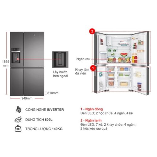 Tủ Lạnh 4 cánh Multi Doors Inverter 609 Lít Electrolux EQE6879A-B 7 Kích thước tủ Lạnh 4 cánh Multi Doors Inverter 609 Lít Electrolux EQE6879A-B