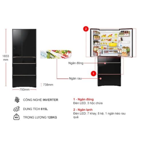 Tủ Lạnh 6 cánh Multi door Inverter 615 Lít Hitachi R-WX620KV XK 7 Kích thước tủ Lạnh 6 cánh Multi door Inverter 615 Lít Hitachi R-WX620KV XK