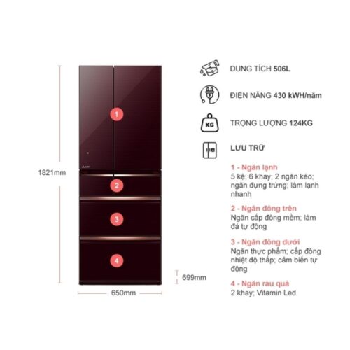 Kích thước tủ Lạnh 6 cánh Multi doors Inverter 506 Lít Mitsubishi MR-WX52D-BR-V
