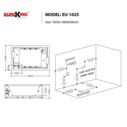 Bồn tắm Euroking EU-102S 3 skirts 9 Kích thước bồn tắm Euroking EU-102S 3 skirts