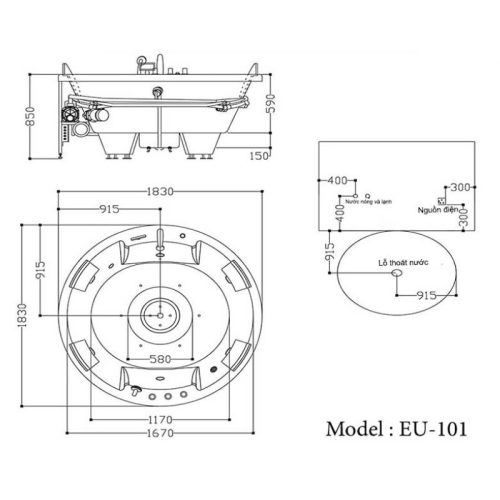 Bồn tắm massage EuroKing EU-101 5 Kích thước bồn tắm massage EuroKing EU-101
