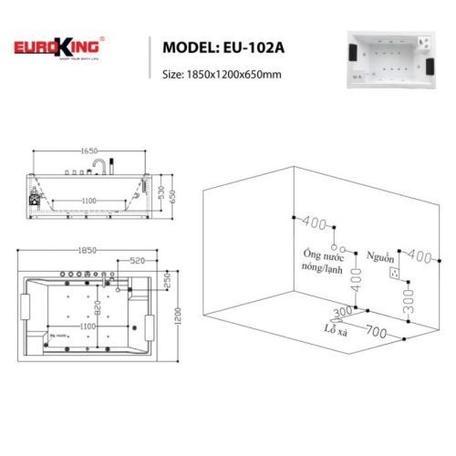 Bồn tắm massage EuroKing EU-102A 5 Kích thước bồn tắm massage EuroKing EU-102A