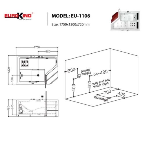 Bồn tắm massage Euroking EU-1106 5 Kích thước bồn tắm massage Euroking EU-1106