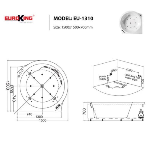 Bồn tắm massage EuroKing EU-1310 9 Kích thước bồn tắm massage EuroKing EU-1310