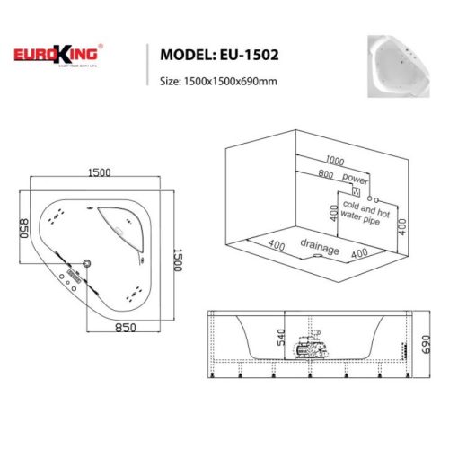 Bồn tắm massage EuroKing EU-1502 9 Kích thước bồn tắm massage EuroKing EU-1502