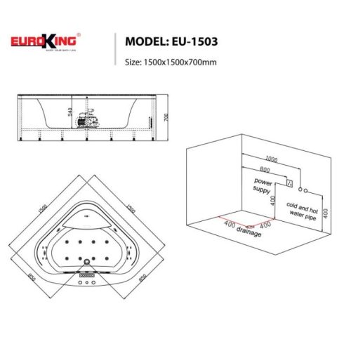 Bồn tắm massage EuroKing EU-1503 9 Kích thước bồn tắm massage EuroKing EU-1503