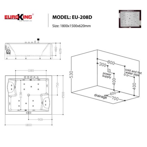 Bồn tắm massage Euroking EU-208D 5 Kích thước bồn tắm massage Euroking EU-208D