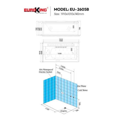 Bồn tắm massage Euroking EU-2605 7 Kích thước bồn tắm massage Euroking EU-2605