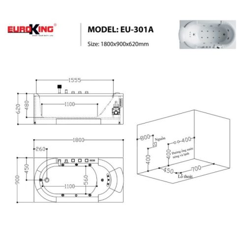 Bồn tắm massage EuroKing EU-301A 7 Kích thước bồn tắm massage EuroKing EU-301A