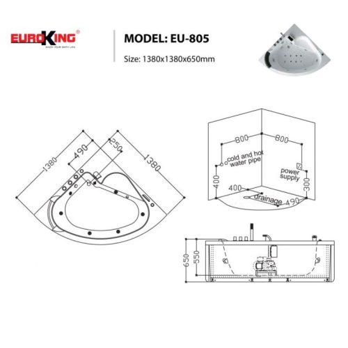 Bồn tắm massage EuroKing EU-805 7 Kích thước bồn tắm massage EuroKing EU-805