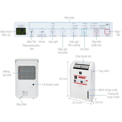 Máy hút ẩm Sharp DW-D20A-W 8 Kích thước máy hút ẩm Sharp DW-D20A-W