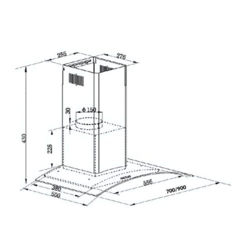 Máy hút mùi kính cong GrandX GX H70C62B 5 Kích thước máy hút mùi kính cong GrandX GX H70C62B