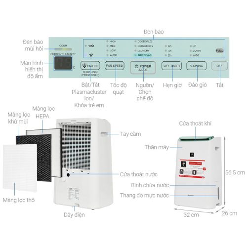 Máy lọc không khí và hút ẩm Sharp DW-E16FA-W 10 Kích thước máy lọc không khí và hút ẩm Sharp DW-E16FA-W