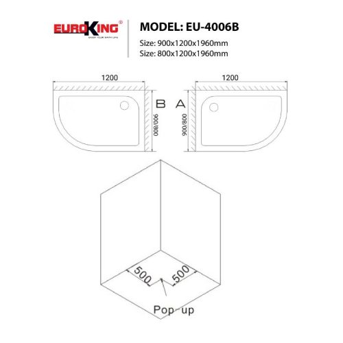 Phòng tắm vách kính Euroking EU-4006B 7 Kích thước phòng tắm vách kính Euroking EU-4006B