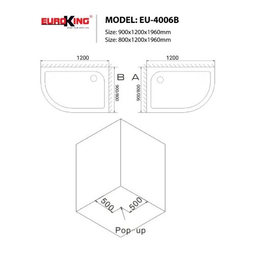 Phòng tắm vách kính EuroKing EU-4006B 900mm 7 Kích thước phòng tắm vách kính EuroKing EU-4006B 900mm