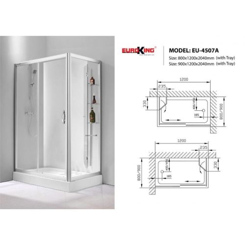 Kích thước phòng tắm vách kính Euroking EU-4507A 800mm