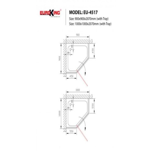 Phòng tắm vách kính EuroKing EU-4517 900mm 5 Kích thước phòng tắm vách kính EuroKing EU-4517 900mm