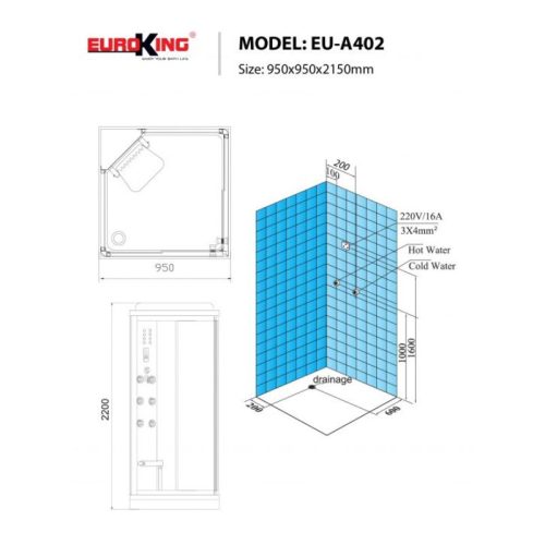 Phòng xông hơi Euroking EU-A402 7 Kích thước phòng xông hơi Euroking EU-A402