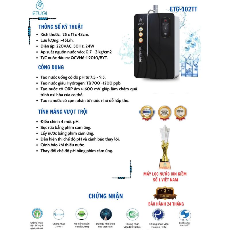 Máy lọc nước ion kiềm Etugi ETG102TT-2024 4 Ảnh máy lọc nước ion kiềm Etugi ETG102TT-2024