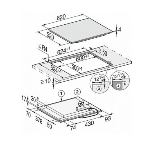 Kích thước bếp từ Miele 4 vùng nấu KM 7465 FL lắp âm