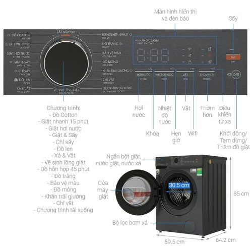 Kích thước máy giặt sấy Toshiba TWD-T21BU140UWV(MG)