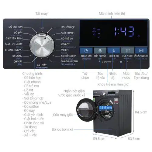 Máy giặt Sharp Inverter 9 kg ES-FM90CB-SB 7 Kích Thước Máy giặt Sharp Inverter 9 kg ES-FM90CB-SB