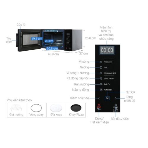 Kích Thước Lò vi sóng có nướng Samsung MG23T5018CK/SV 23 Lít