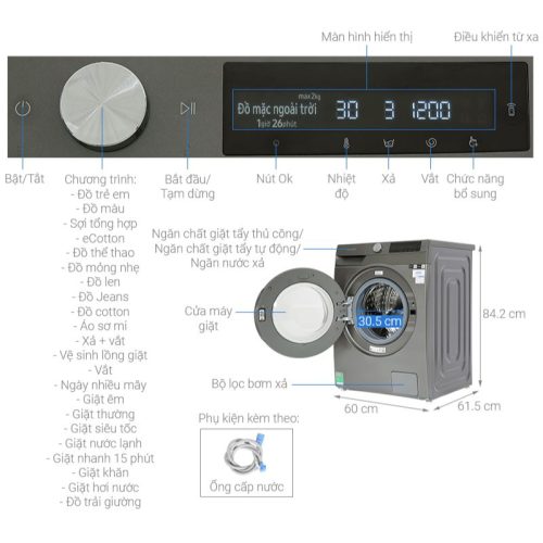 Máy giặt Samsung Inverter 9 kg WW90T634DLN/SV 9 Kích thước máy giặt Samsung Inverter 9 kg WW90T634DLN/SV