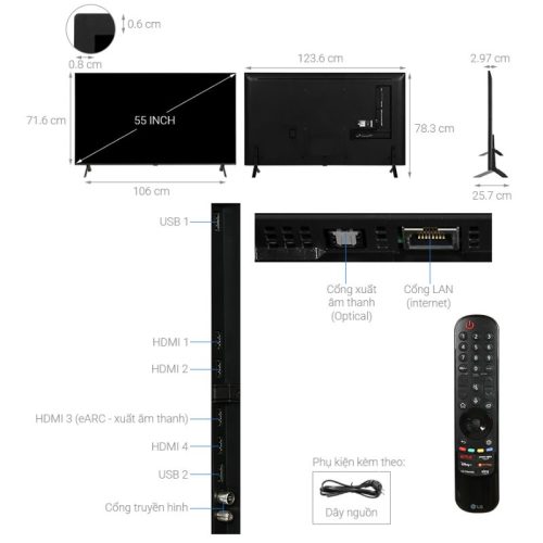 Smart Tivi QNED LG 4K 55 inch 55QNED80SRA 9 Kích thước smart Tivi QNED LG 4K 55 inch 55QNED80SRA