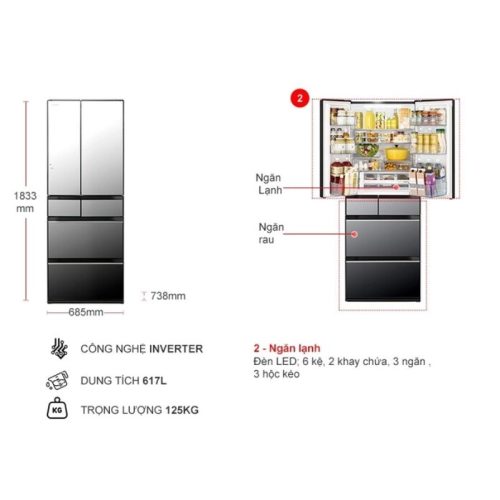 Tủ lạnh 6 cánh Multi Door Inverter 617 lít Hitachi R-HW620RV X 6 Kích thước tủ lạnh 6 cánh Multi Door Inverter 617 lít Hitachi R-HW620RV X