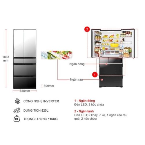 Tủ lạnh Hitachi Inverter 520 lít R-HW530NV X 9 Kích thước tủ lạnh Hitachi Inverter 520 lít R-HW530NV X