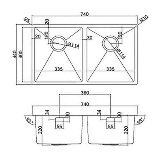 Chậu rửa âm 2 hộc Teka BEX LINEA 74.40 2B (185040001) 7 kich thuoc chau rua am 2 hoc teka bex linea 74 40 2b 185040001
