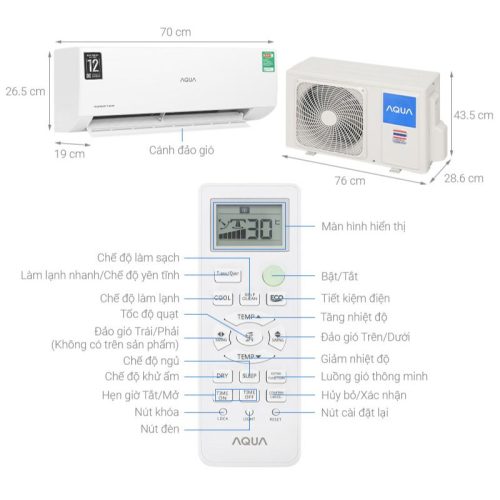 kich thuoc may lanh aqua inverter 1 hp aqa rv10qa3